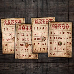Cartes de bingo de Noël imprimables, éphémères numériques du père Noël pour journaux indésirables, albums de coupures, créations en papier, téléchargement immédiat