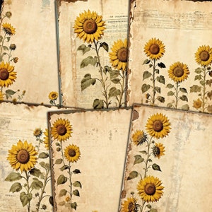 Grunge Sunflowers Printable Papers for Shabby Junk Journals, Mixed media collage, Paper crafts, Digital kit download