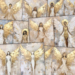 May include: A collection of nine abstract paintings featuring angels with gold and white wings. The paintings are on canvas and have a textured, layered look. The angels are depicted in a variety of poses, some with their wings spread wide and others with their wings folded.