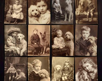 Children and Dogs Sepia Portrait Photographs for Junk Journals, Scrapbooks, Vintage Crafts, Digital download