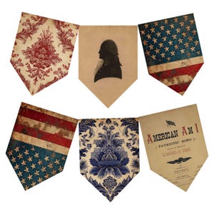 Puede incluir: Conjunto de seis banderines decorativos con diseños vintage. Los banderines presentan patrones como flores rojas, flores azules, la bandera americana, una silueta y partituras. Ideales para decoración patriótica o histórica.
