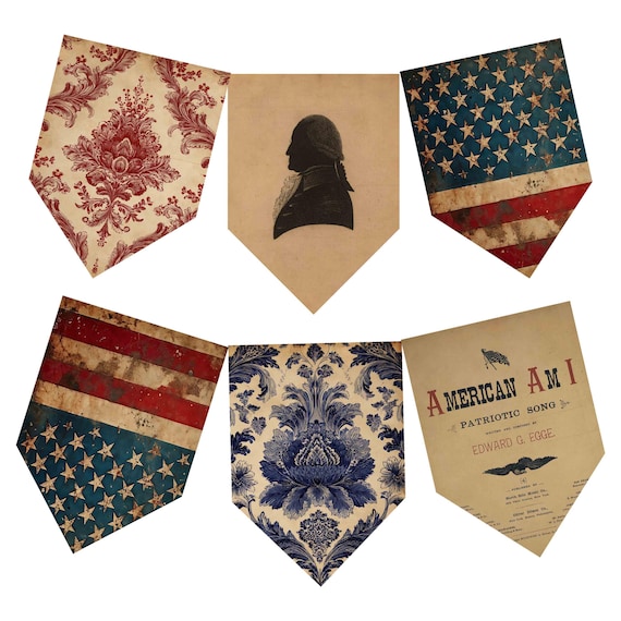 July 4th Printable Bunting Flags, Vintage Grunge America DIY Decor, Digital download