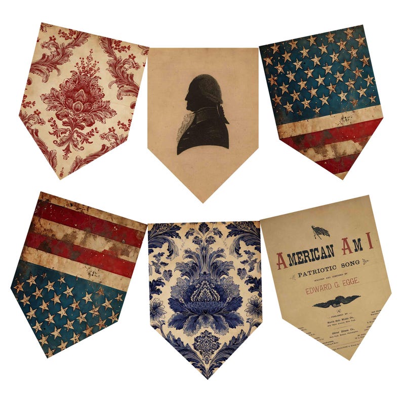 May include: A collection of six decorative pennants with vintage designs. The pennants feature patterns like red floral, blue floral, the American flag, a silhouette, and sheet music. The pennants are likely for patriotic or historical decor.
