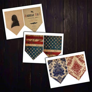 May include: A collection of decorative banner prints with patriotic and vintage designs. Includes a silhouette, sheet music, and American flag patterns. The banners feature a variety of colors, including red, white, blue, and sepia tones, and are arranged on a dark wood surface.