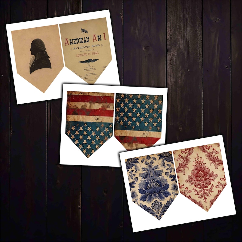 May include: A collection of decorative banner prints with patriotic and vintage designs. Includes a silhouette, sheet music, and American flag patterns. The banners feature a variety of colors, including red, white, blue, and sepia tones, and are arranged on a dark wood surface.
