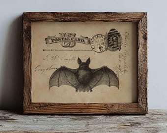 Halloween vleermuis postzegel kunstprint voor vintage decoratie en knutselprojecten (digitale download)