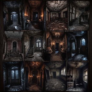 Interiores de casas encantadas abandonadas Tarjetas ATC imprimibles, kit digital espeluznante de Halloween para collage de medios mixtos, revista de arte, revistas basura