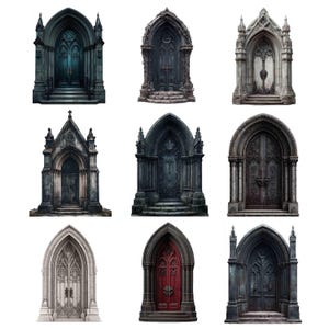 May include: Nine gothic archway illustrations with ornate doors. The doors vary in color, including dark teal, gray, and red. Each archway has unique architectural details, such as steps, columns, and decorative carvings.
