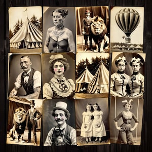 Afdrukbare Circus Sideshow Vintage Photo ATC-kaarten voor junk journals Mixed media, Travelers Notebook, DIY digitale download