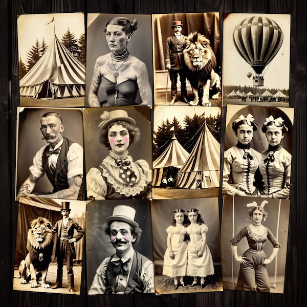 Cartes photo ATC vintage Circus Sideshow imprimables pour journaux indésirables Techniques mixtes, carnet de notes de voyageurs, téléchargement numérique bricolage