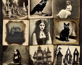 Gothic Antique Photographs Printable Ephemera for Halloween Junk Journal, Mixed media collage, Paper crafts