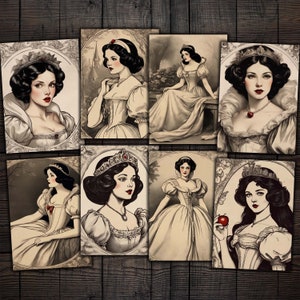 Tarjetas ATC imprimibles de Blancanieves vintage, imágenes digitales de cuentos de hadas para diarios basura, diarios artísticos, técnicas mixtas, manualidades con papel