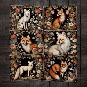 Renard et papiers anciens imprimables floraux, kit botanique numérique renards pour journaux indésirables, collage technique mixte, album de coupures, travaux manuels en papier