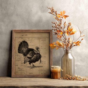 May include: A framed print featuring a black and white illustration of a turkey over a vintage ledger document dated Nov 1920. Next to the frame is a clear glass vase containing orange and brown autumn branches with small berries.