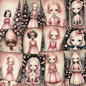 Pagine stampabili di bambole di Natale rosa per diari spazzatura, album di ritagli, cartoline, album, collage multimediali misti, artigianato di carta, kit di download digitale