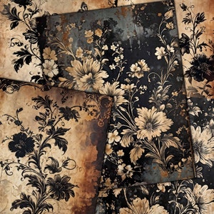 Op de afbeelding: Een digitaal papierpakket met vier verschillende ontwerpen met zwarte en gouden bloemenpatronen op een verweerde achtergrond.