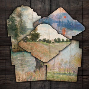 Puede incluir: Cuatro impresiones de arte de estilo vintage que representan diferentes paisajes. Las impresiones están dispuestas en forma de collage, con cada impresión superponiéndose a las demás. Las impresiones son todas en colores apagados y tienen un aspecto desgastado y envejecido.