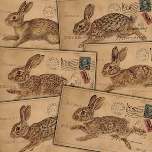 Braune Kaninchen Vintage Postkarten Printable Ephemera für Junk Journals, Decoupage, Mixed Media, Ostern Papierhandwerk, Digital Kit Download