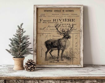 Rendier Franse efemera kunstprint voor vintage kerstdecoratie en knutselwerk (digitale download)