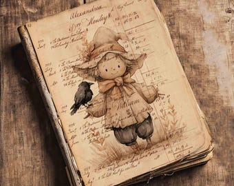 Espantapájaros: Páginas de libro de contabilidad de 4x6 pulgadas para manualidades vintage de otoño y diarios creativos (descarga digital).