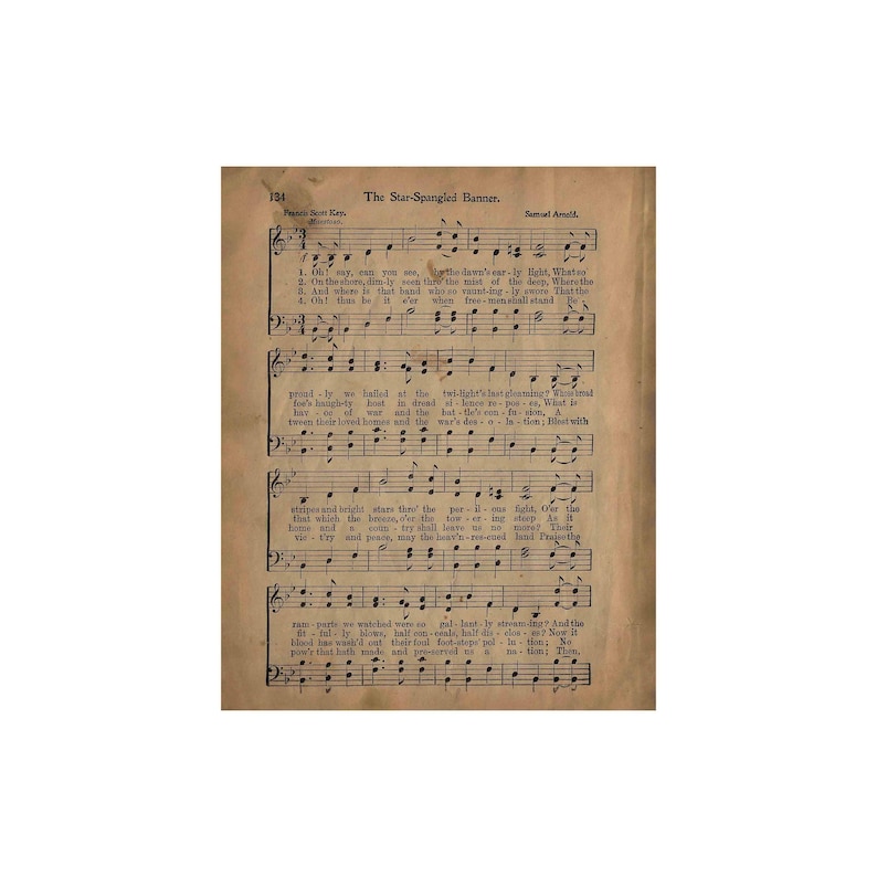 Star Spangled Banner, Antik Noter Konsttryck, 4 juli, Digital nedladdning bild 3