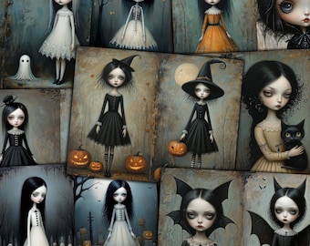 May include: A collage of digital illustrations featuring various gothic-inspired characters. The characters are depicted as young girls with dark hair, wearing dresses and accessories. Some characters are holding pumpkins, while others are accompanied by bats or cats. The illustrations are set against a dark and moody background.