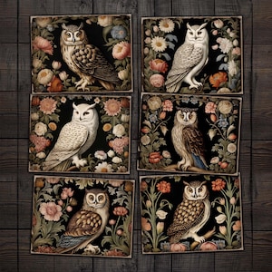 Hiboux et papiers anciens à imprimer floraux, kit botanique numérique hibou pour journaux indésirables, collage technique mixte, scrapbooking, travaux manuels en papier
