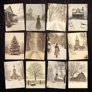 May include: A collection of vintage-style postcards featuring winter scenes. The images depict snowy landscapes, roads, buildings, and figures, with a sepia tone. The postcards showcase a variety of winter themes, including churches, houses, and people walking in the snow.