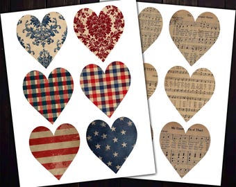 July 4th Hearts Printable Collage Papers for Vintage Crafts, Junk Journals, Decor, Digital download