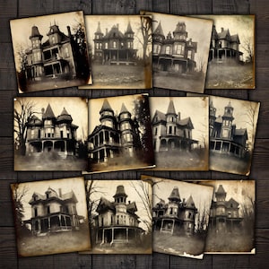 Fotografie vintage di case stregate, antiche case vittoriane abbandonate spettrali foto stampabili effimeri, diari spazzatura Tecnica mista