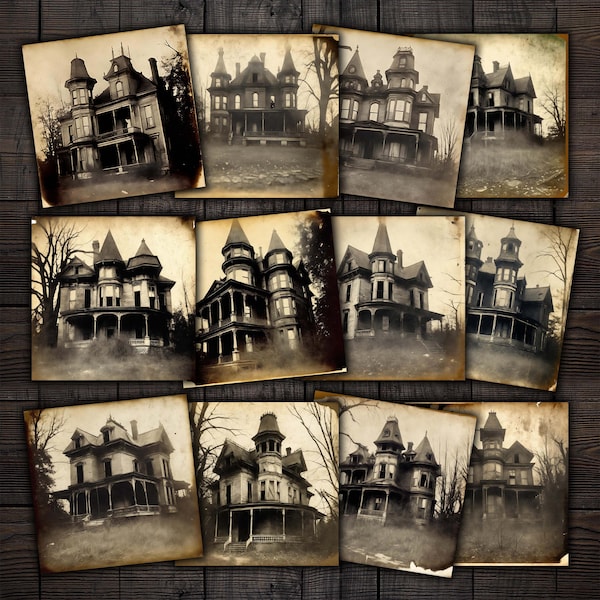 Vintage Haunted House Photographs, Antique Spooky Victorian Abandoned Houses Printable Photos Ephemera, Junk journals Mixed media