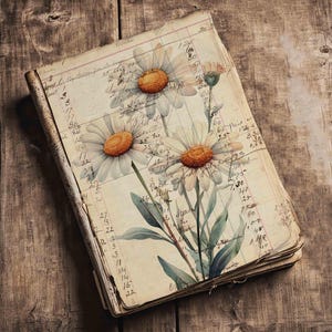 Daisy Flowers Antique Ledger Ephemera Pages for Junk Journals, collage technique mixte, travaux manuels en papier, images de jardin de marguerites, kit numérique