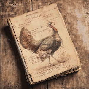 May include: A vintage-style ledger book featuring a detailed illustration of a turkey overlaid on handwritten accounting text. The cover displays the word Alexandria and Dr. Henley, with columns of numbers and dates printed on aged, tan paper.