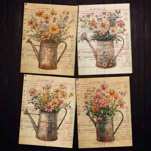 Annaffiatoio e fiori di campo: carta da registro grunge stampabile per diari spazzatura, collage di tecniche miste, album di ritagli, artigianato rustico in stile country.