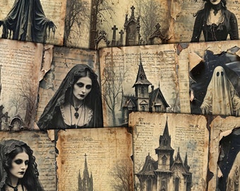 May include: A collage of vintage, aged paper with images of gothic architecture, spooky figures, and text in a dark, mysterious style. The images include a ghost, a woman in a black veil, and a haunted house.