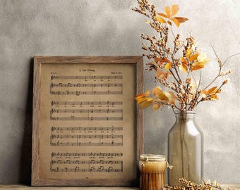 Partitura antigua de la canción del pavo, lámina artística vintage de Acción de Gracias para decoración y manualidades otoñales (descarga digital).