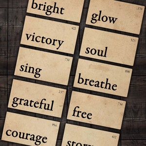 Cartões de memória imprimíveis com palavras positivas e felizes para diários de sucata, álbuns de recortes, colagens, artesanato em papel com técnicas mistas