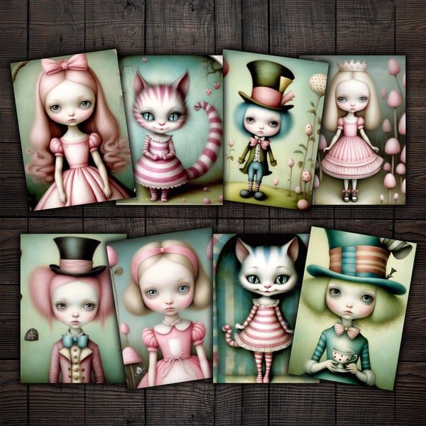 Pink Pastel Alice in Wonderland ATC cards, Creepy Cute Printable Ephemera for Junk journals, mixed media collage, paper crafts