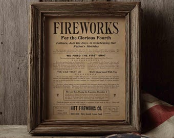 Fireworks Ad Vintage Art Print, 4th of July Ephemera Decor, Digital download, 8x10