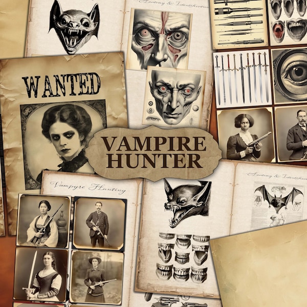 Vampire Hunter Junk Journal Kit, Printable Gothic Halloween Vampires and Bats Pages, Ephemera, Backgrounds, Digital Instant download