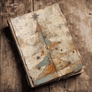 May include: A vintage, worn book with a painted image of a stylized Christmas tree on the cover. The tree is made up of various shades of brown, blue, and white, with a star at the top.