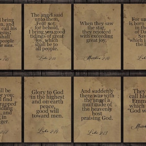 Printable Christmas Bible verses on Grunge Vintage Backgrounds, Collage sheet ATC cards for Junk Journals, Devotional, Scrapbook, Crafts