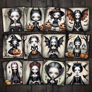 Lalki na Halloween, gotyckie wydrukowane arkusze kolażu, karty ATC ACEO do Junk Journals, kolaż w technice mieszanej, tworzenie kartek, albumy, rzemiosło