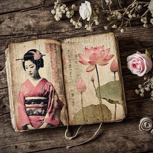 Páginas imprimibles de diario basura de fantasía japonesa, kit digital, páginas dobles y medias, efímeras de Japón y Asia