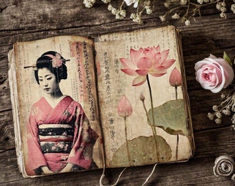May include: An open book with a vintage aesthetic, featuring a pink lotus flower illustration and a woman in a traditional Japanese kimono. The book is on a wooden surface with dried flowers scattered around it.
