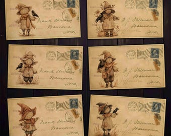Postales antiguas de espantapájaros, efímeros imprimibles para álbumes de recortes y manualidades de otoño (descarga digital)