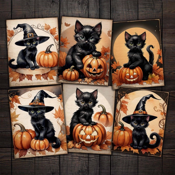 Halloween Kittens Printable Papers, Black Cat with Pumpkins Digital kit for Junk journals, Mixed media, Scrapbook, Paper crafts