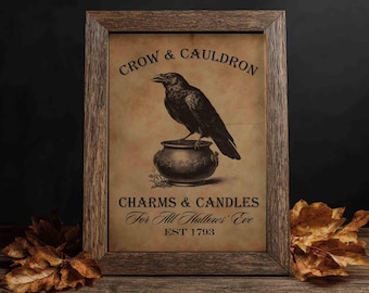 Crow and Cauldron Halloween Print: Rustic Autumn Graphic (Digital Download)