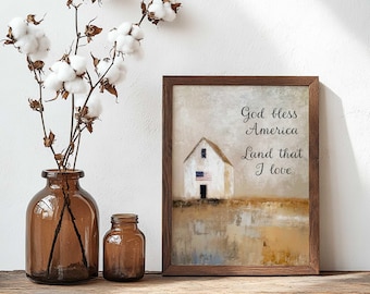 Rustic Barn American Flag Art Print, God Bless America, 4th of July, Farmhouse Country Decor, Digital download