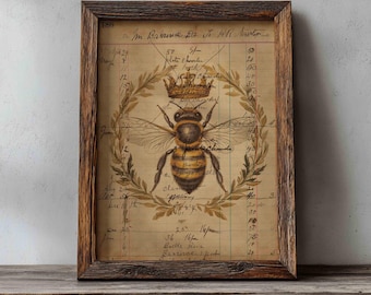 Queen Honey Bee Vintage Print: Rustic Ephemera Wall Art (Digital Download 8x10 JPG)